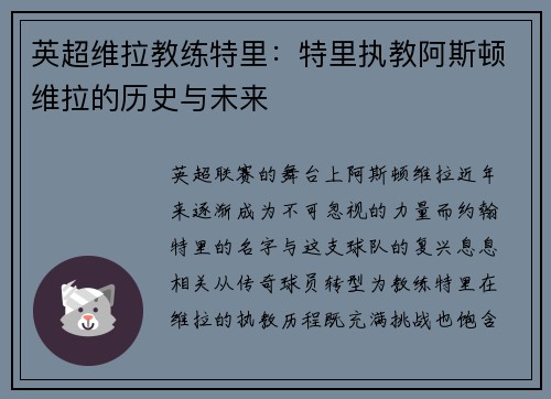 英超维拉教练特里：特里执教阿斯顿维拉的历史与未来